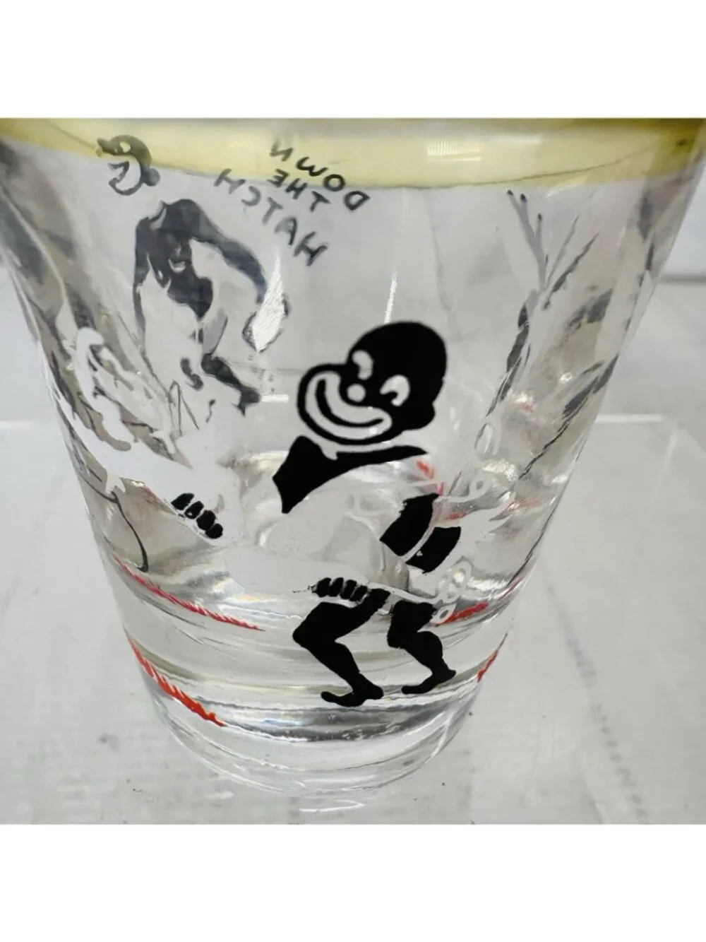 Vintage Risque Federal Glass DOWN THE HATCH Novelty Cartoon Natives Shot Glass